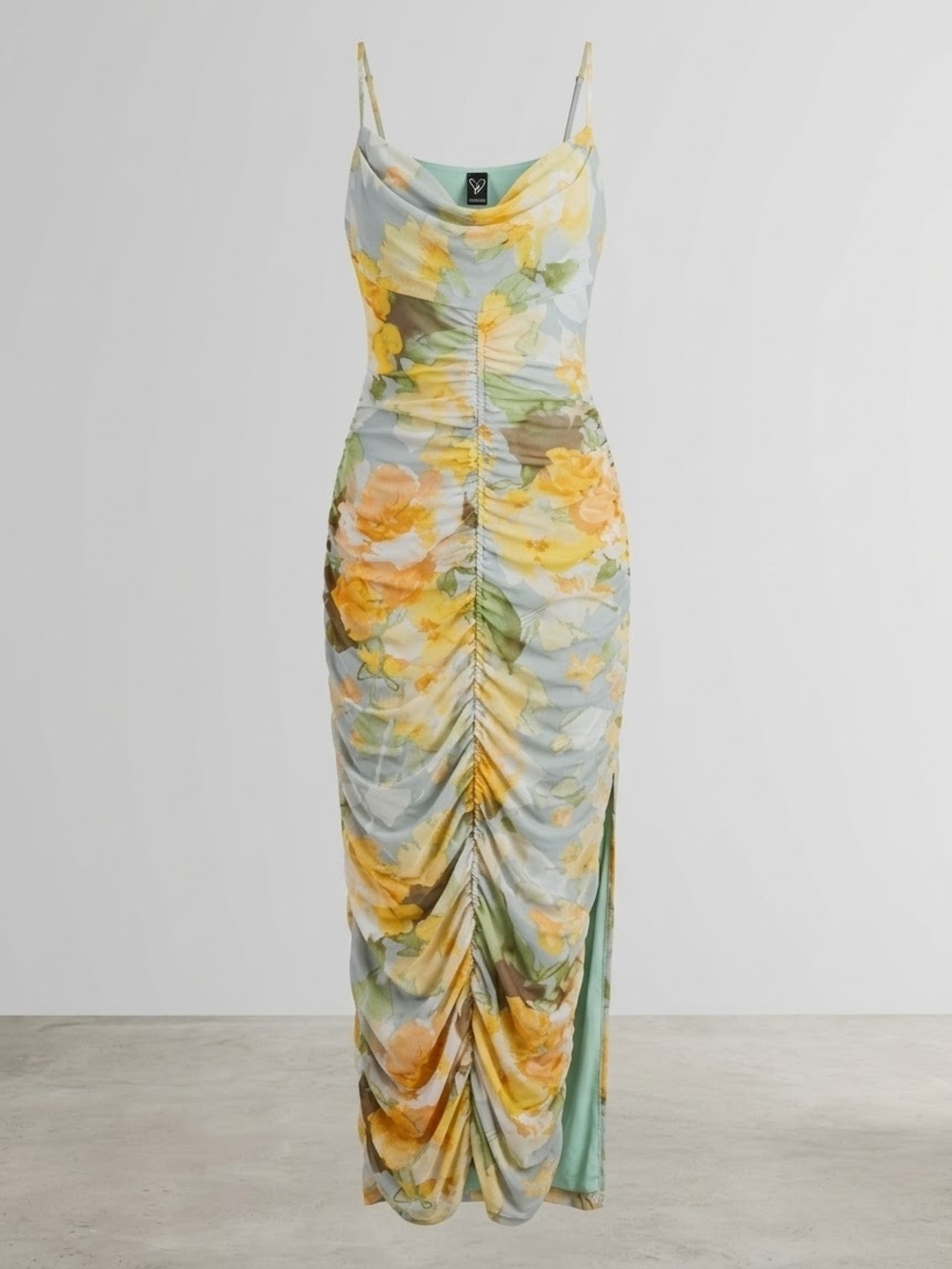 Windsor Yellow Floral of str Ruched Maxi Dress Size XL With opening to the side.